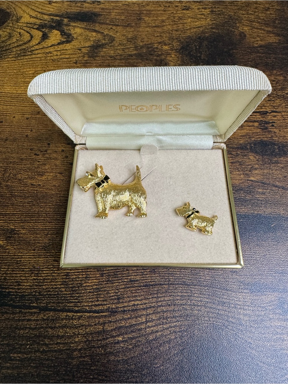 Vintage Gold Scottie Dog Brooch Set with Black Bow Accents